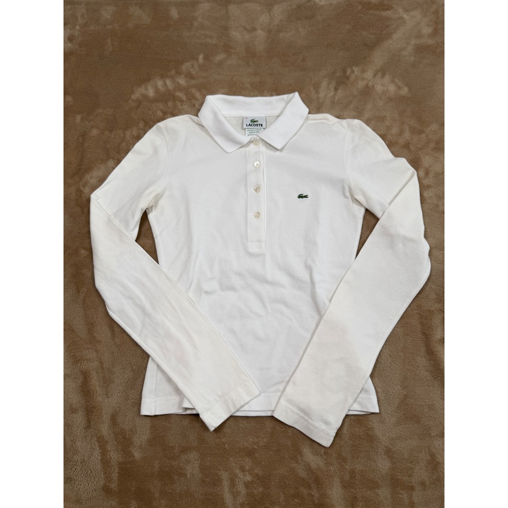 Vintage Lacoste Womens Ivory White Long Sleeve Pique Polo Shirt Size XS